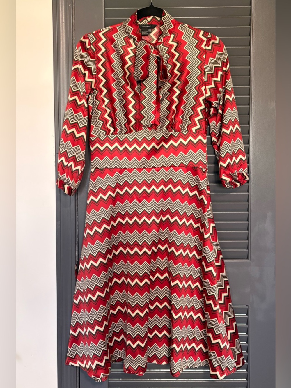 Zara Red, Black & Cream Chevron Neck Bow Dress